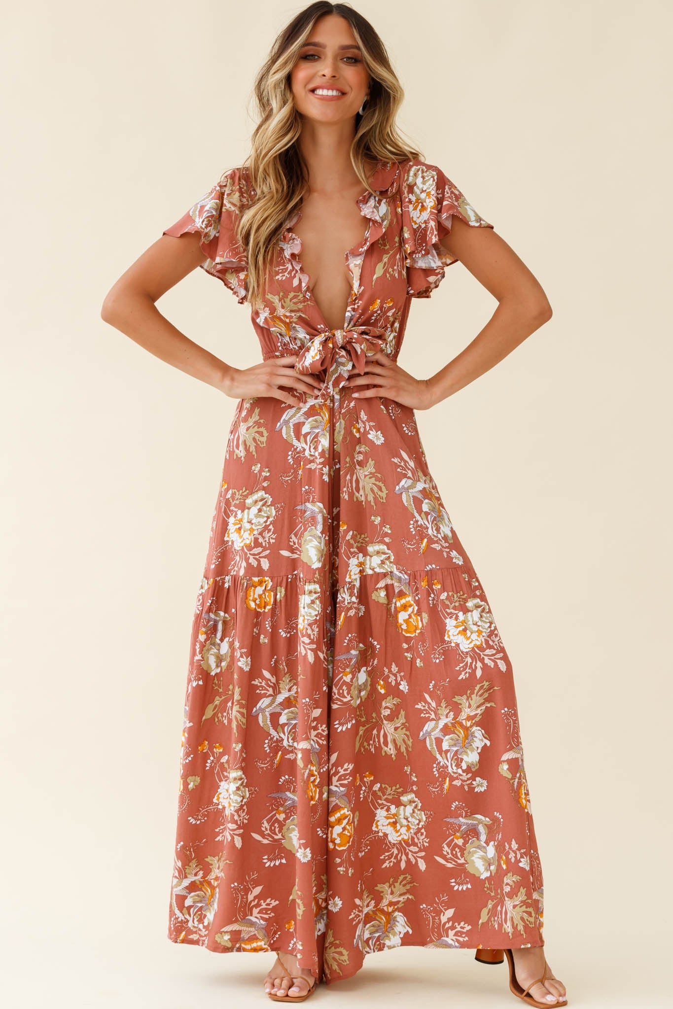 Kasey Tied Bust Wide Leg Floral Print Jumpsuit Rose by Selfie Leslie