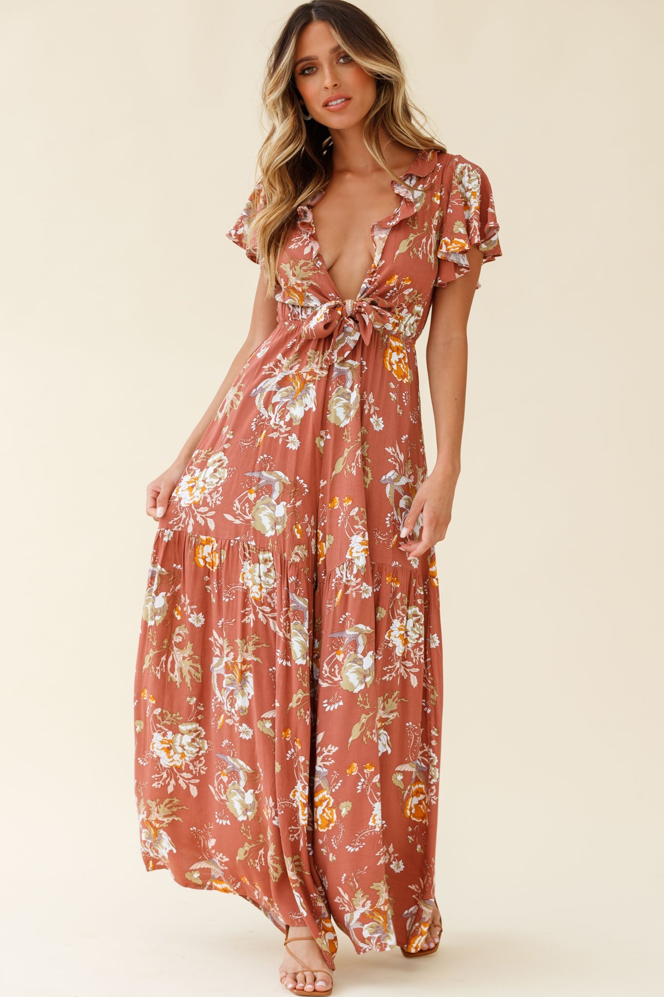 Kasey Tied Bust Wide Leg Floral Print Jumpsuit Rose by Selfie Leslie