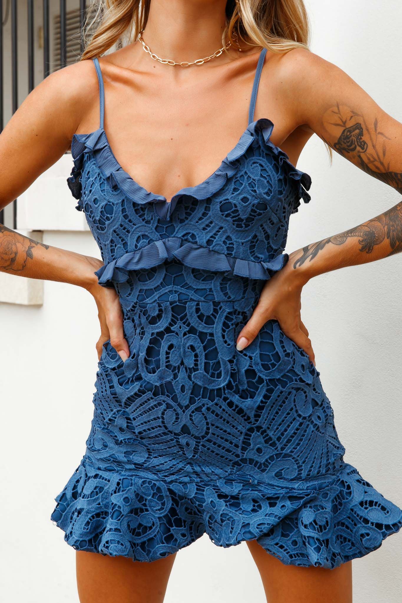 Shakeera Frill Trim Lace Mini Dress Midnight Blue by Selfie Leslie