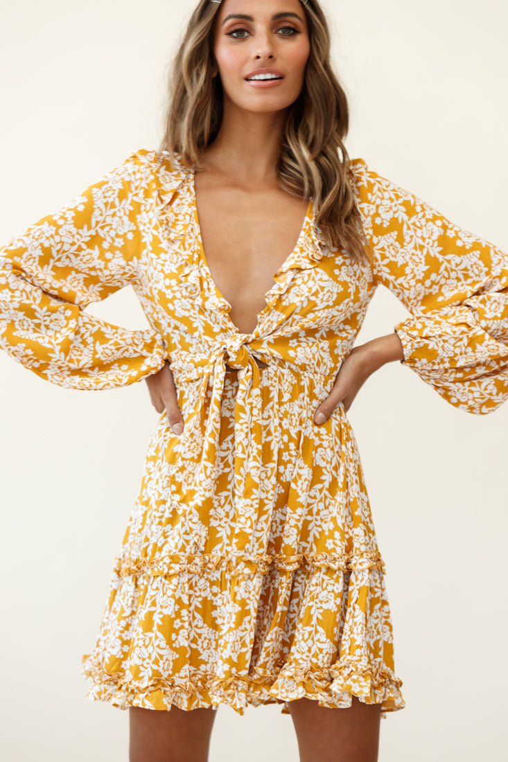 Sunny Daze Long Sleeve Tie-Knot Bust Dress Floral Print Mustard by Selfie Leslie
