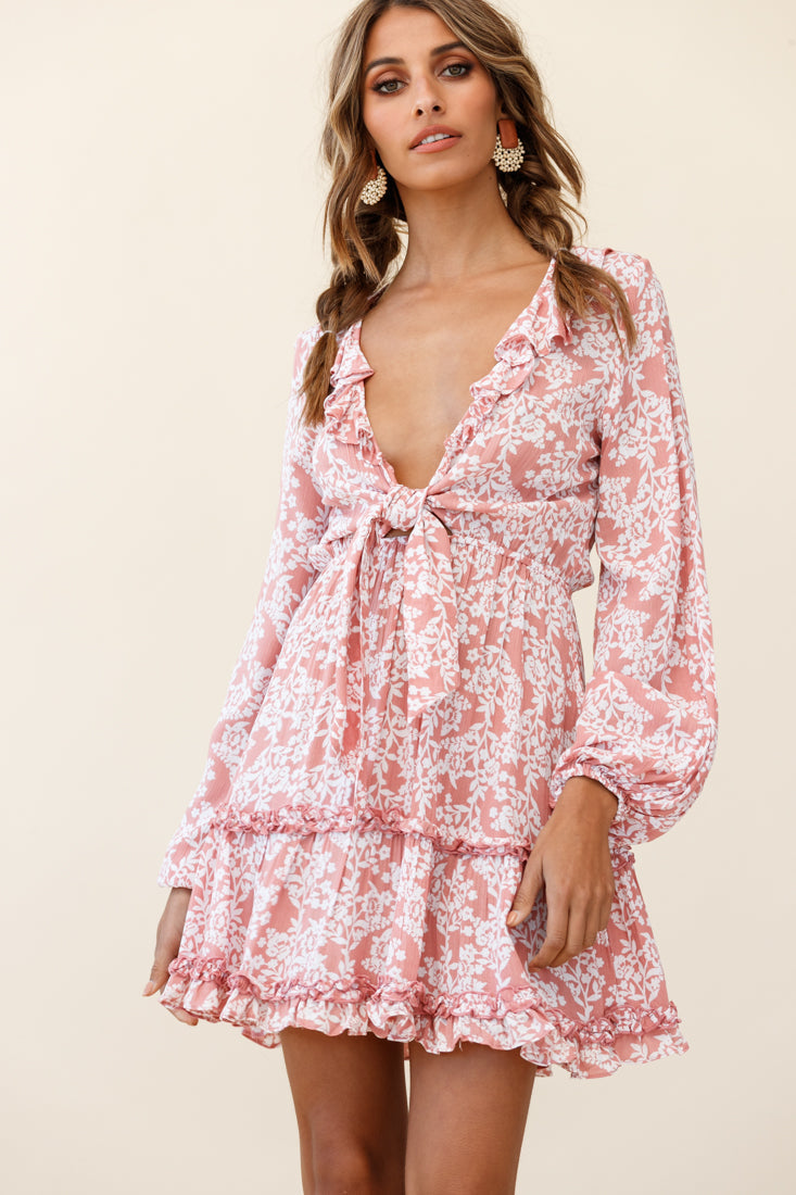 Sunny Daze Long Sleeve Tie-Knot Bust Dress Floral Print Pink by Selfie Leslie