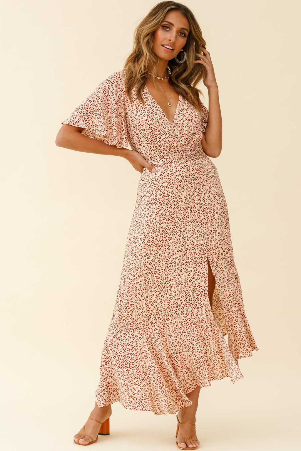 Friday Surplice Neckline Front Split Maxi Dress Floral Print Beige by Selfie Leslie