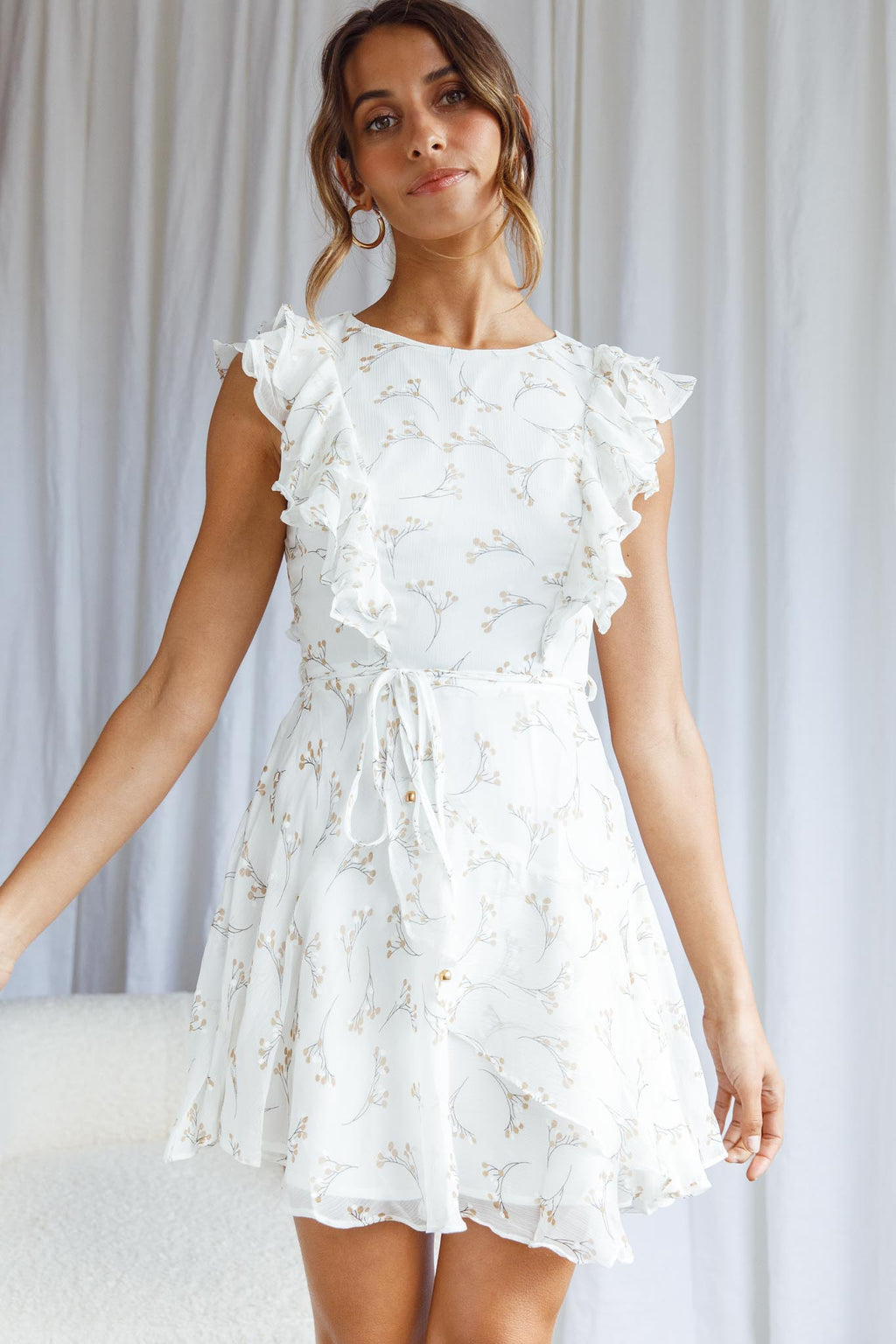 Wilton Ruffle Shoulder A-Line Dress Floral Twig Print White by Selfie Leslie