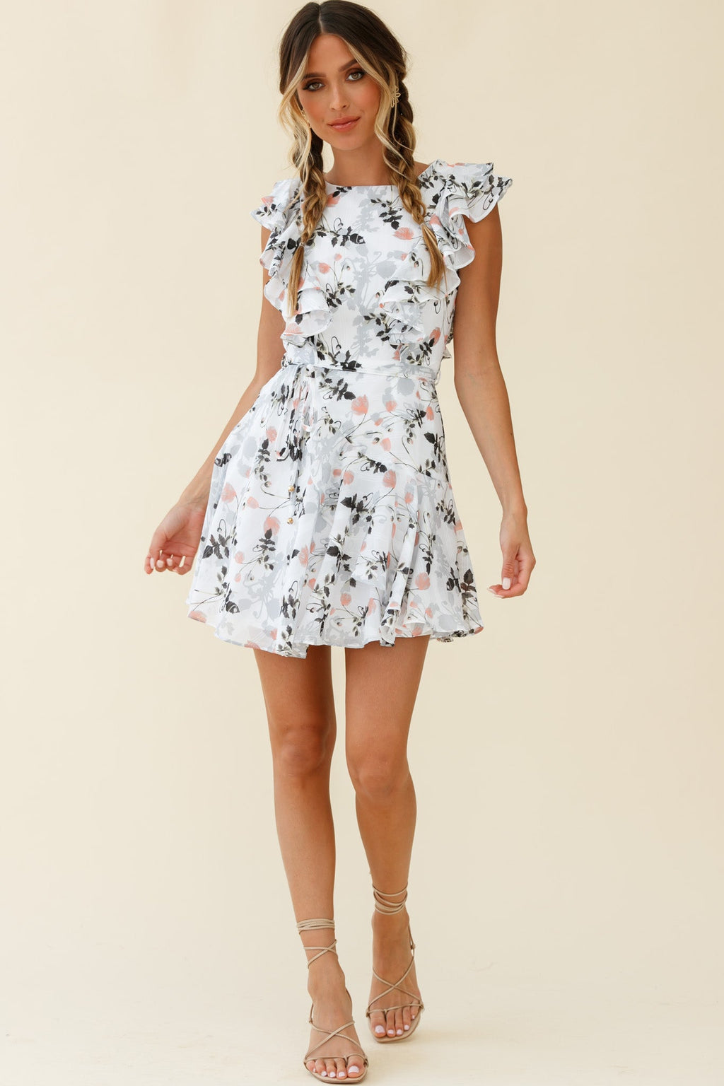 Wilton Ruffle Shoulder A-Line Dress Floral Print White by Selfie Leslie
