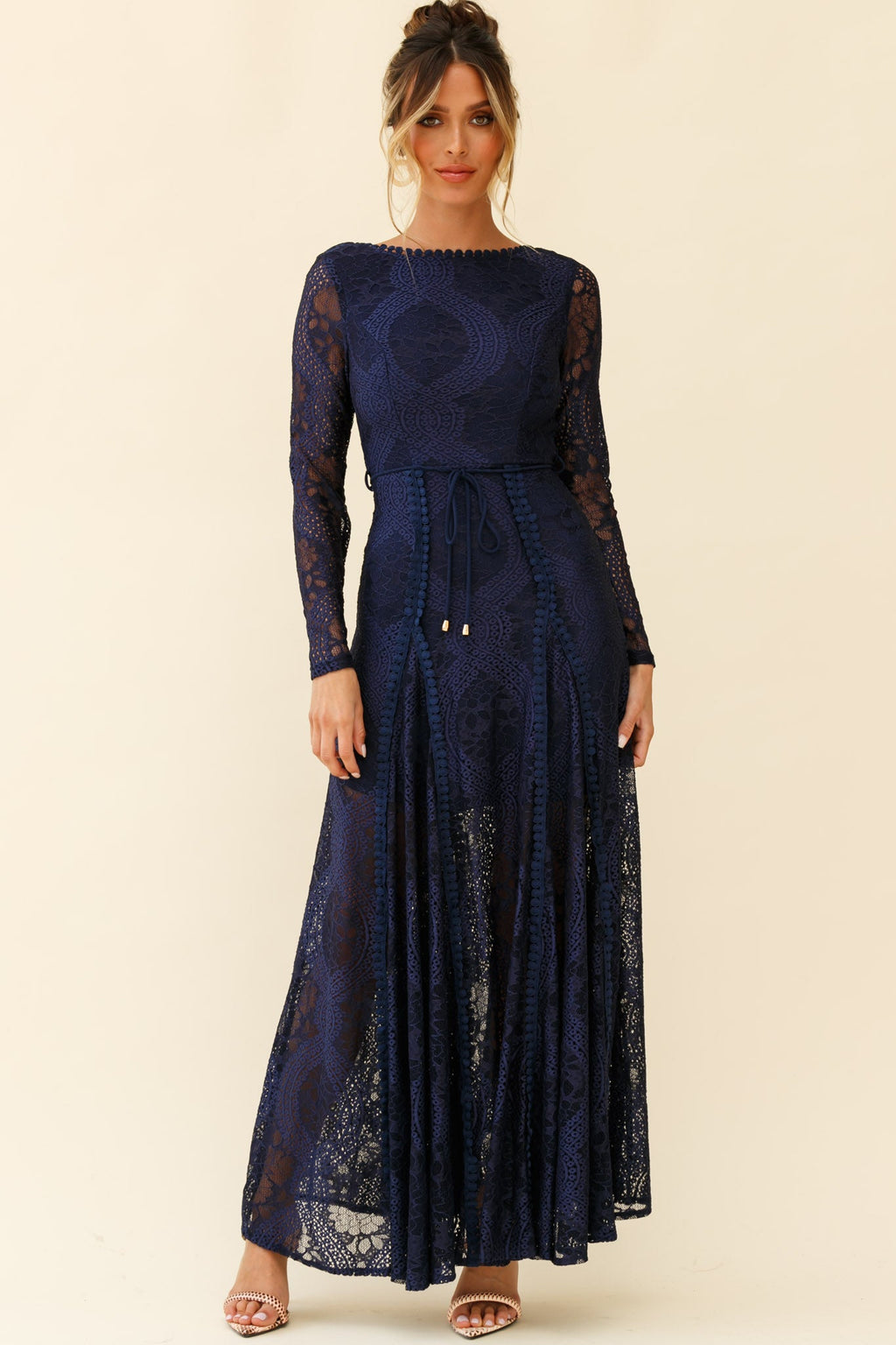 Palm Springs Long Sleeve Lace Overlay Maxi Dress Navy by Selfie Leslie