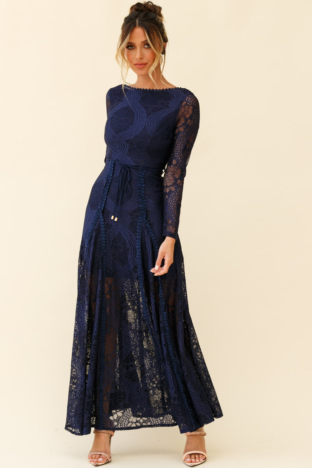 Palm Springs Long Sleeve Lace Overlay Maxi Dress Navy by Selfie Leslie