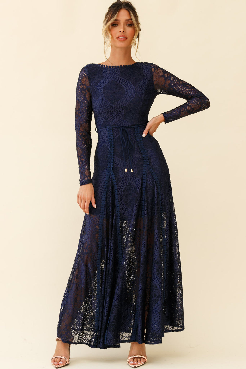 Palm Springs Long Sleeve Lace Overlay Maxi Dress Navy by Selfie Leslie