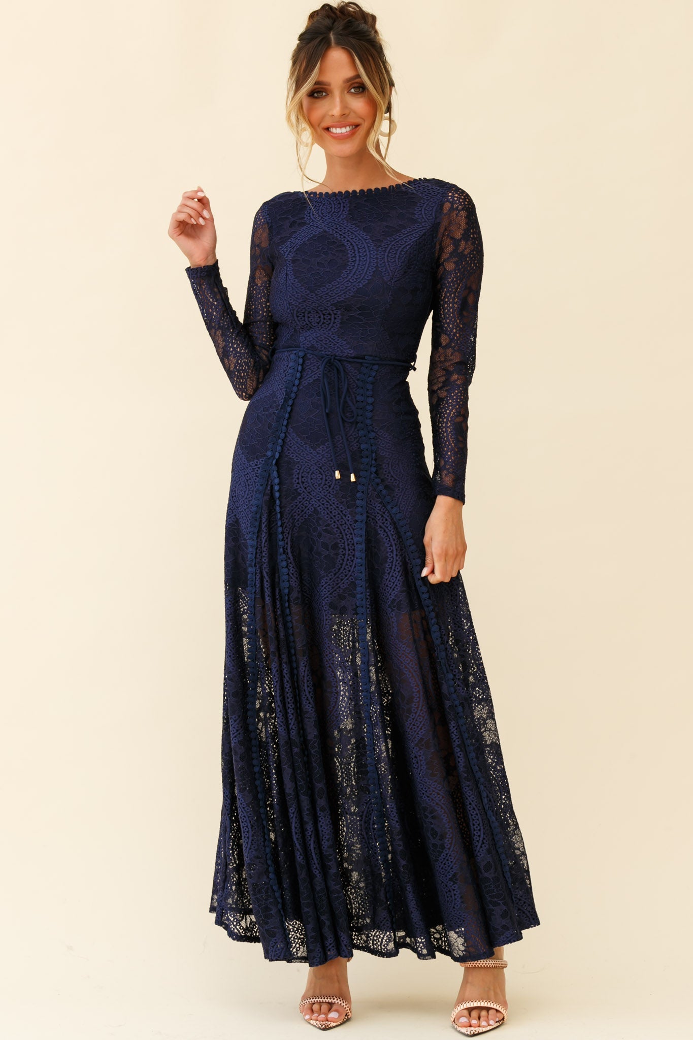 Palm Springs Long Sleeve Lace Overlay Maxi Dress Navy by Selfie Leslie