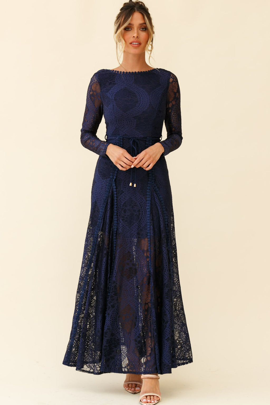 Palm Springs Long Sleeve Lace Overlay Maxi Dress Navy by Selfie Leslie