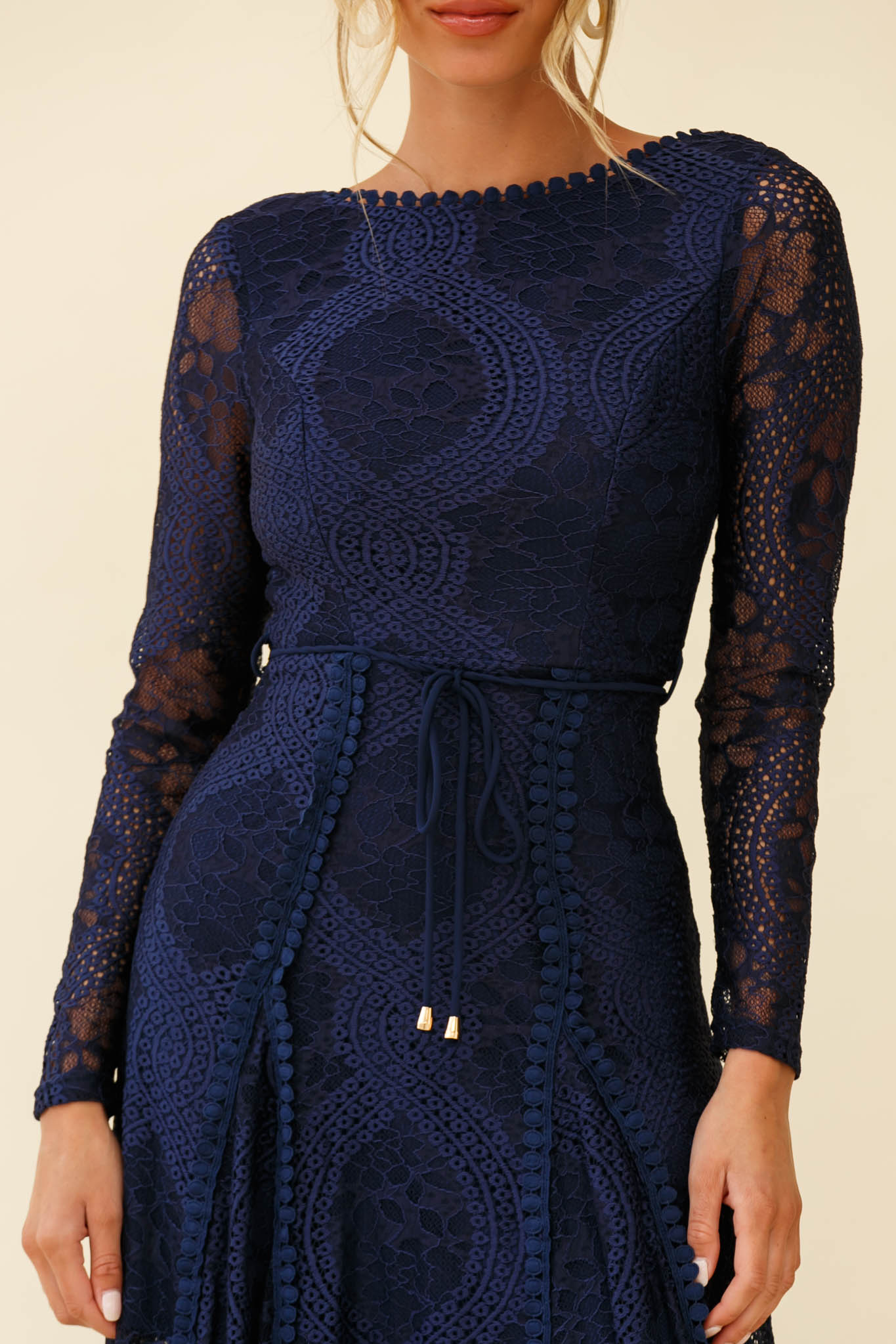 Palm Springs Long Sleeve Lace Overlay Maxi Dress Navy by Selfie Leslie