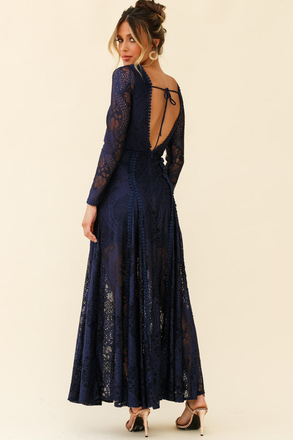 Palm Springs Long Sleeve Lace Overlay Maxi Dress Navy by Selfie Leslie