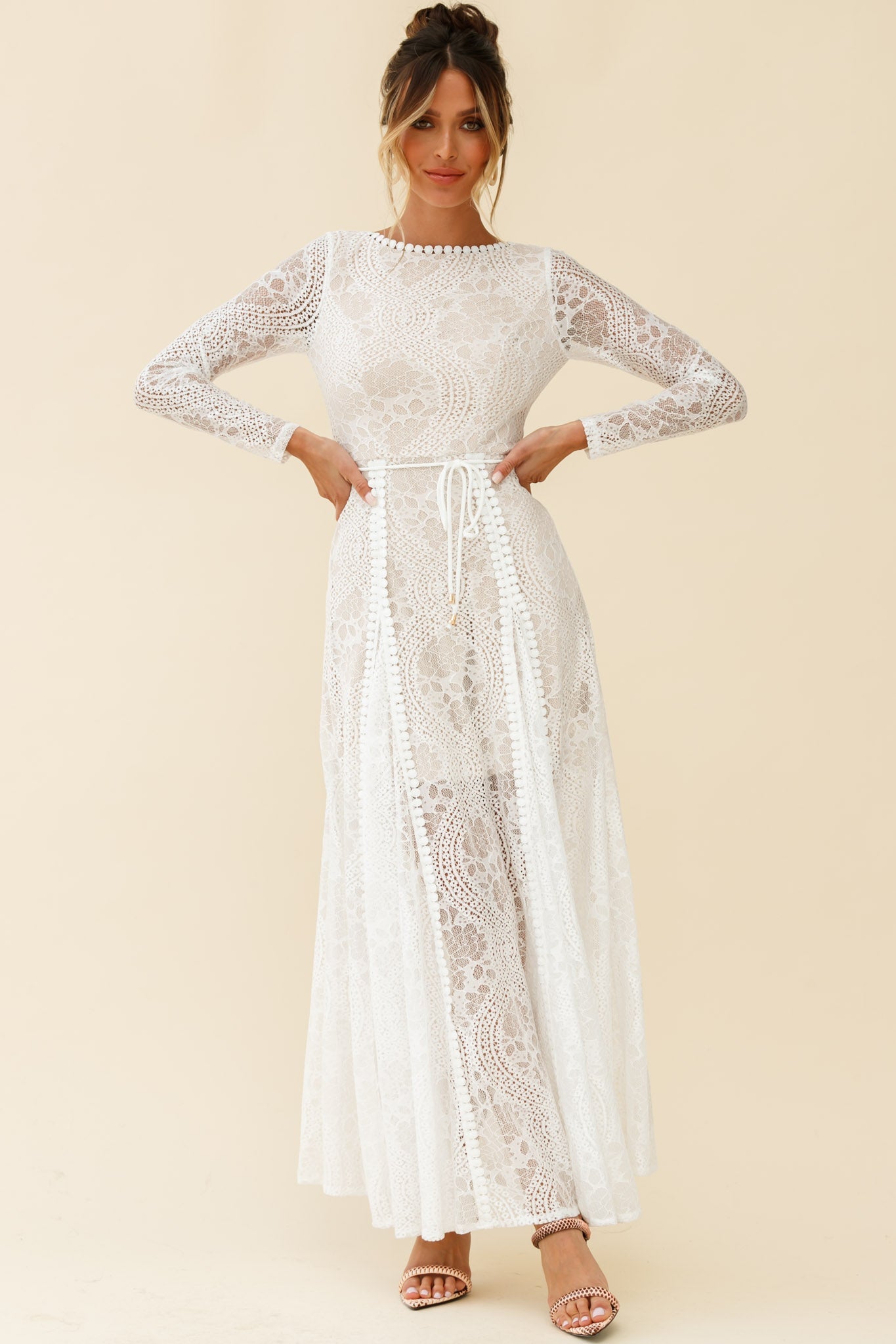 Palm Springs Long Sleeve Lace Overlay Maxi Dress White by Selfie Leslie
