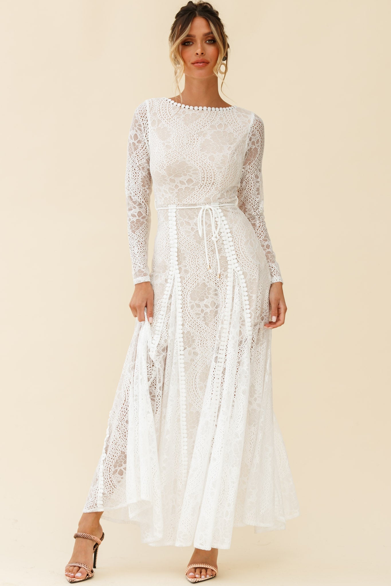 Palm Springs Long Sleeve Lace Overlay Maxi Dress White by Selfie Leslie
