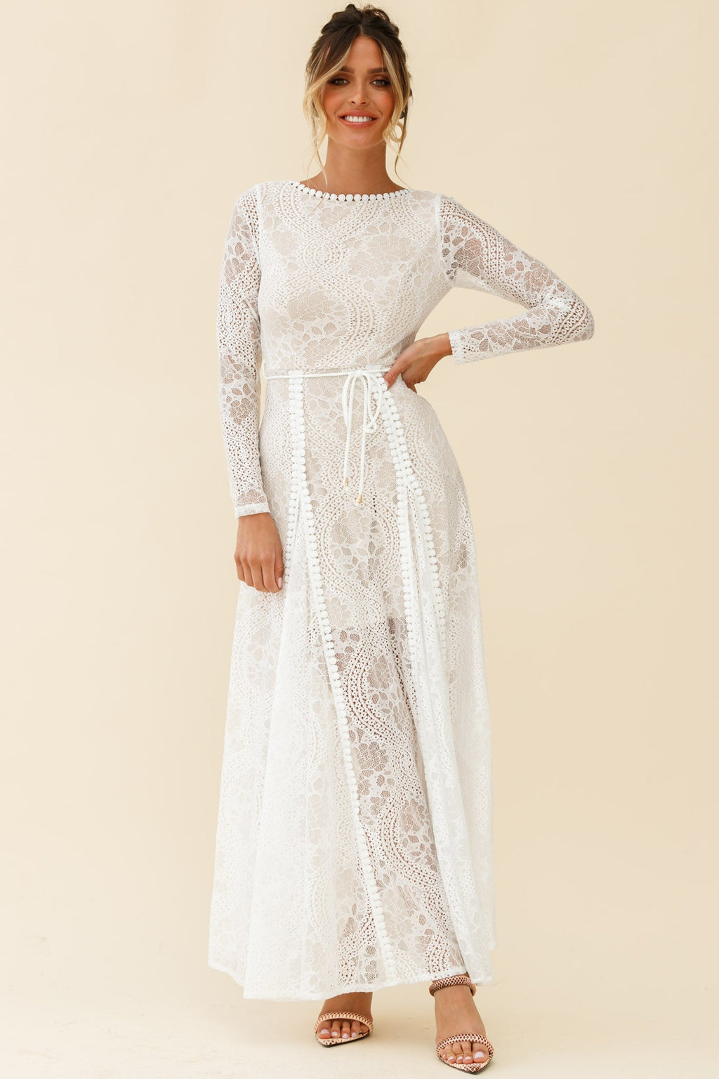 Palm Springs Long Sleeve Lace Overlay Maxi Dress White by Selfie Leslie