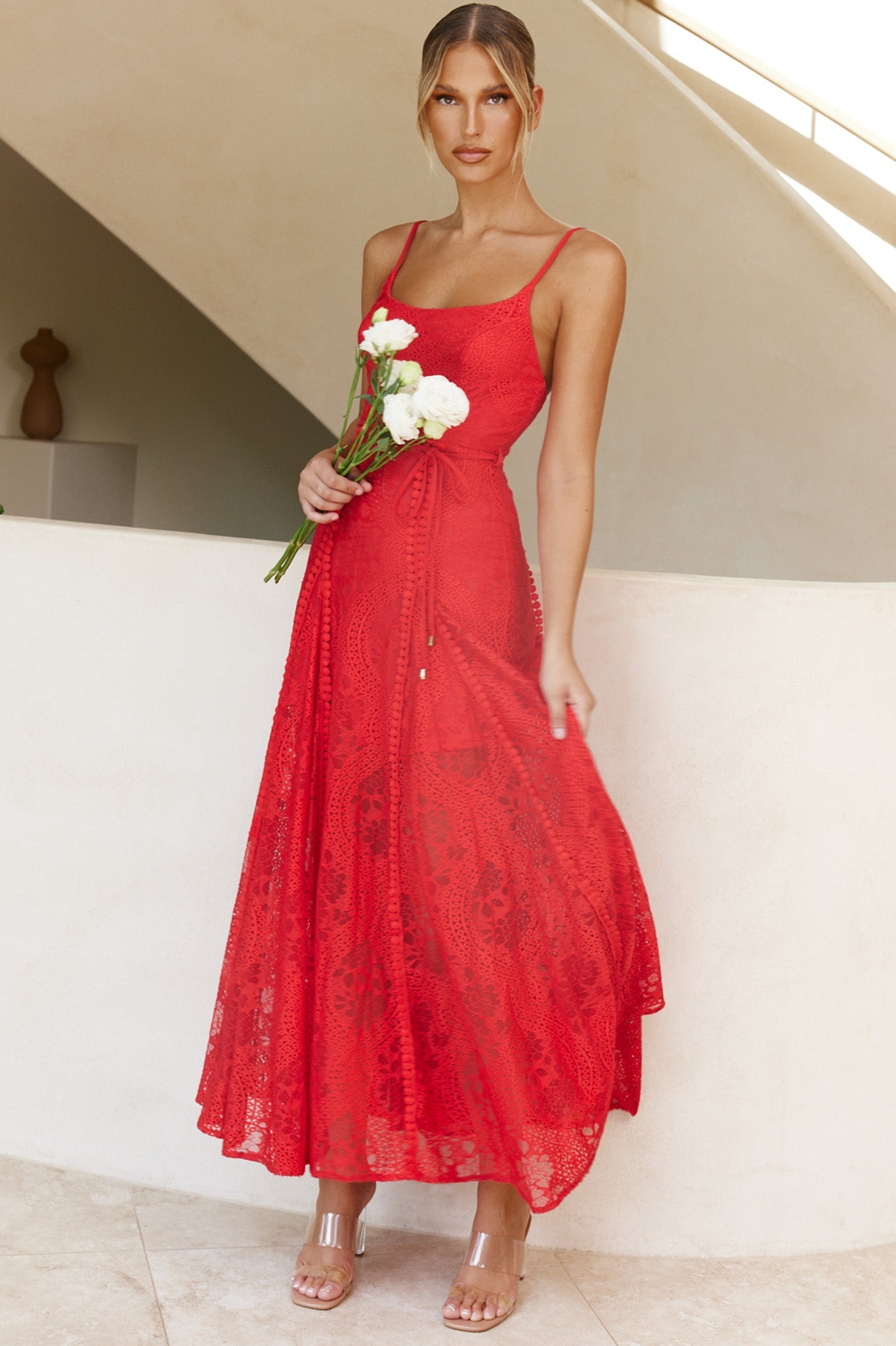 Palm Springs Lace Overlay Maxi Dress Red by Selfie Leslie