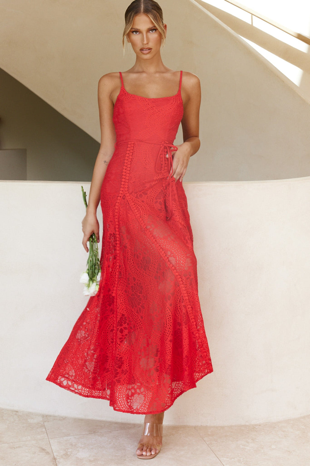 Palm Springs Lace Overlay Maxi Dress Red by Selfie Leslie