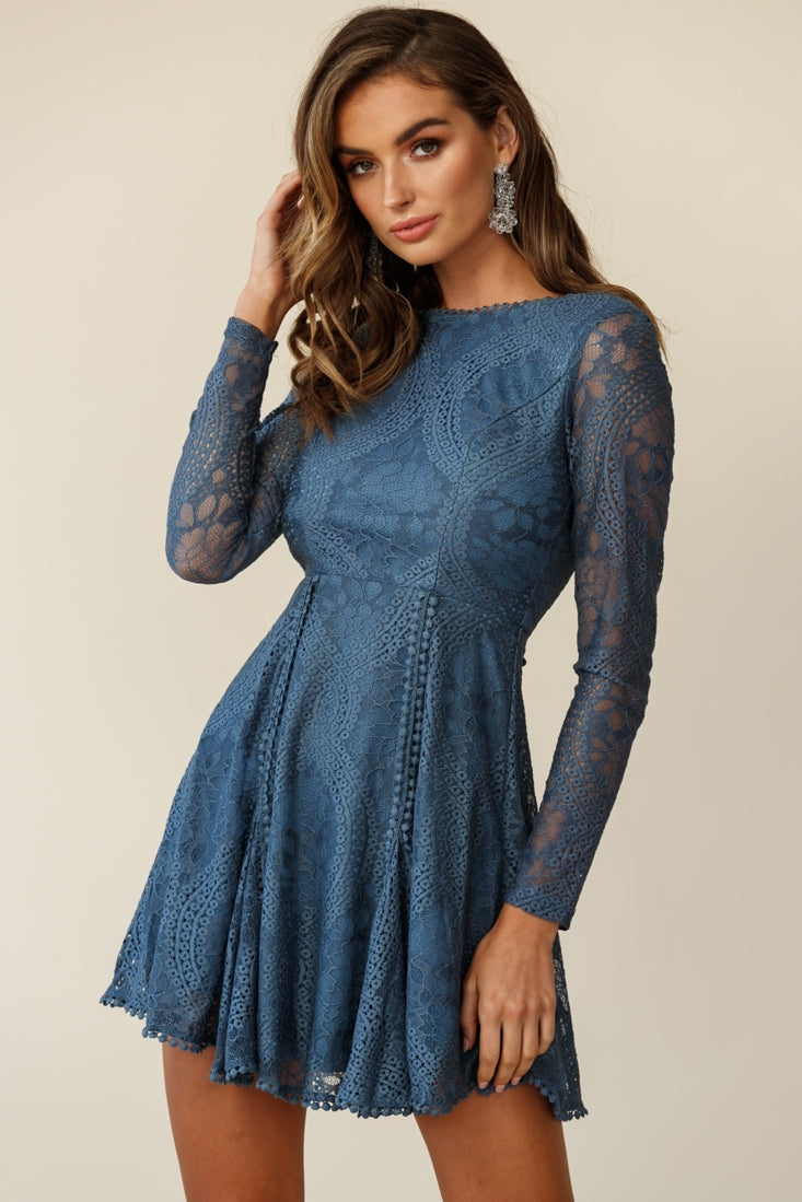 Palm Springs Lace Overlay Low Back Dress Midnight Blue by Selfie Leslie