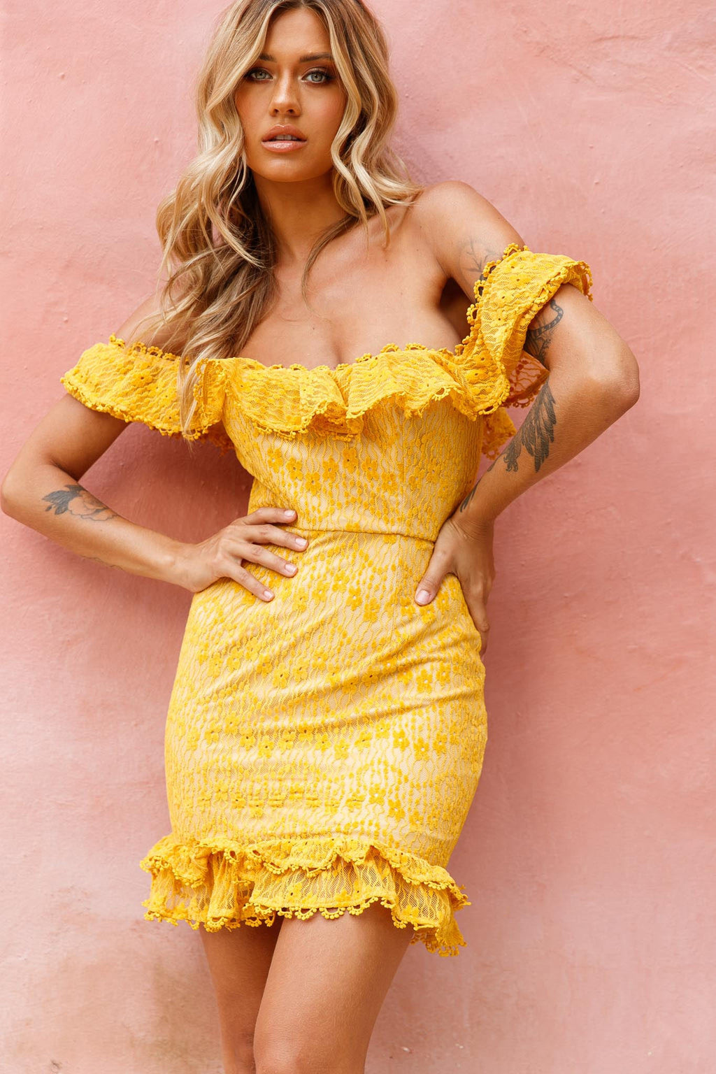 Bobby Bardot Neckline Floral Lace Overlay Dress Mustard by Selfie Leslie
