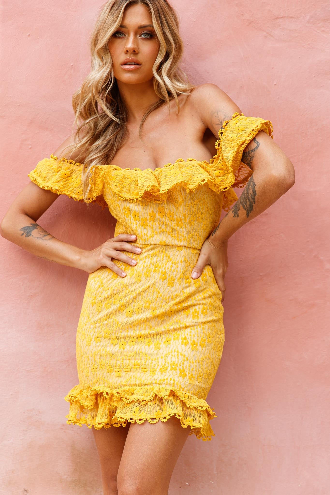Bobby Bardot Neckline Floral Lace Overlay Dress Mustard by Selfie Leslie