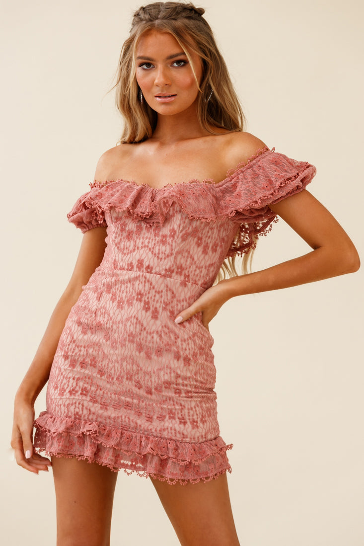 Bobby Bardot Neckline Floral Lace Overlay Dress Rose by Selfie Leslie