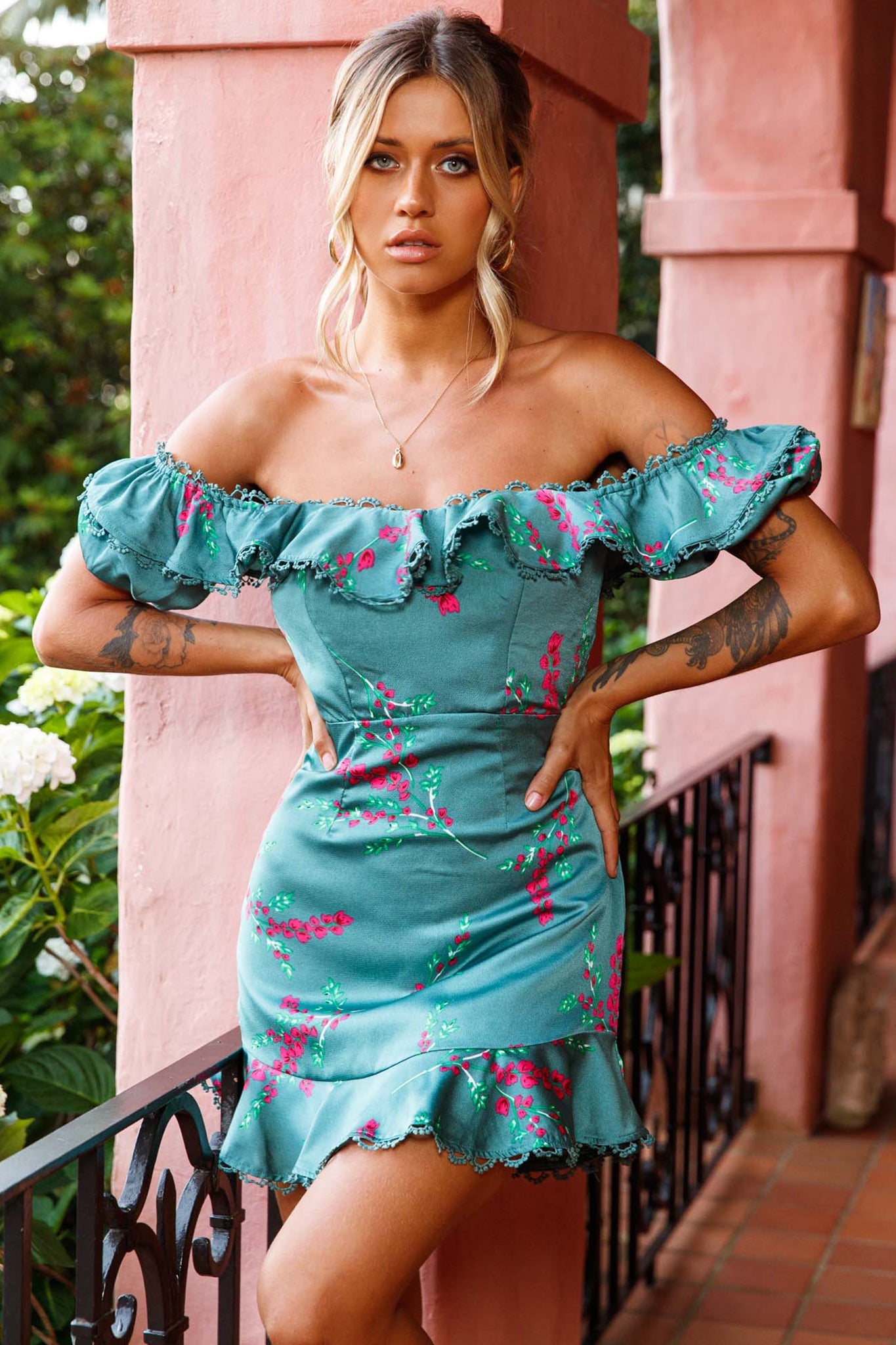 Bobby Bardot Neckline Puff Sleeve Dress Flower Spring Print Sage by Selfie Leslie