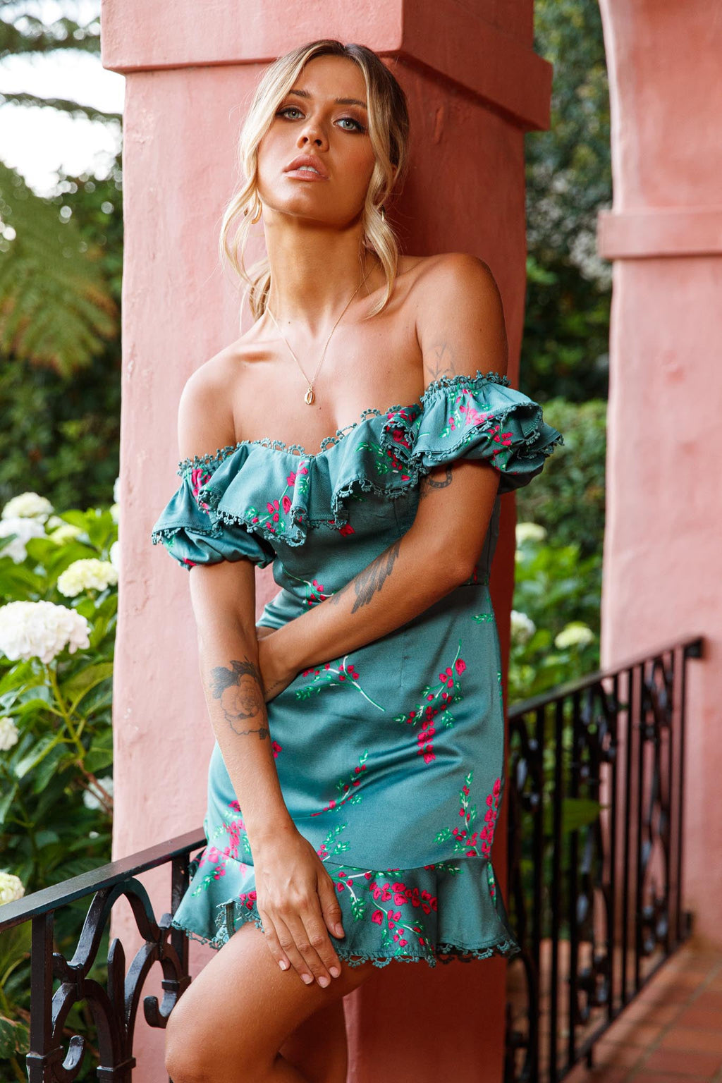 Bobby Bardot Neckline Puff Sleeve Dress Flower Spring Print Sage by Selfie Leslie