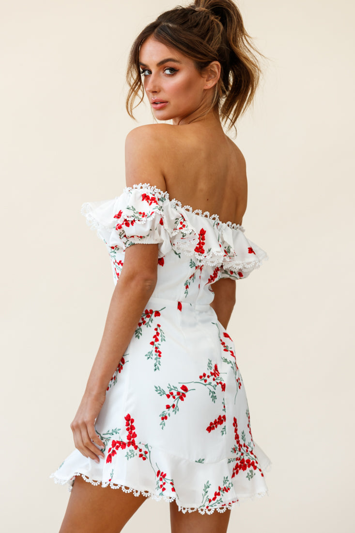 Bobby Bardot Neckline Puff Sleeve Dress Flower Spring Print White by Selfie Leslie
