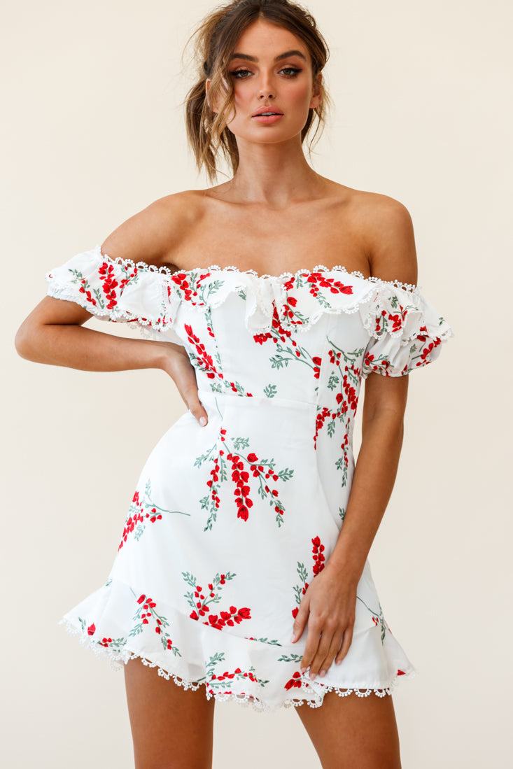 Bobby Bardot Neckline Puff Sleeve Dress Flower Spring Print White by Selfie Leslie