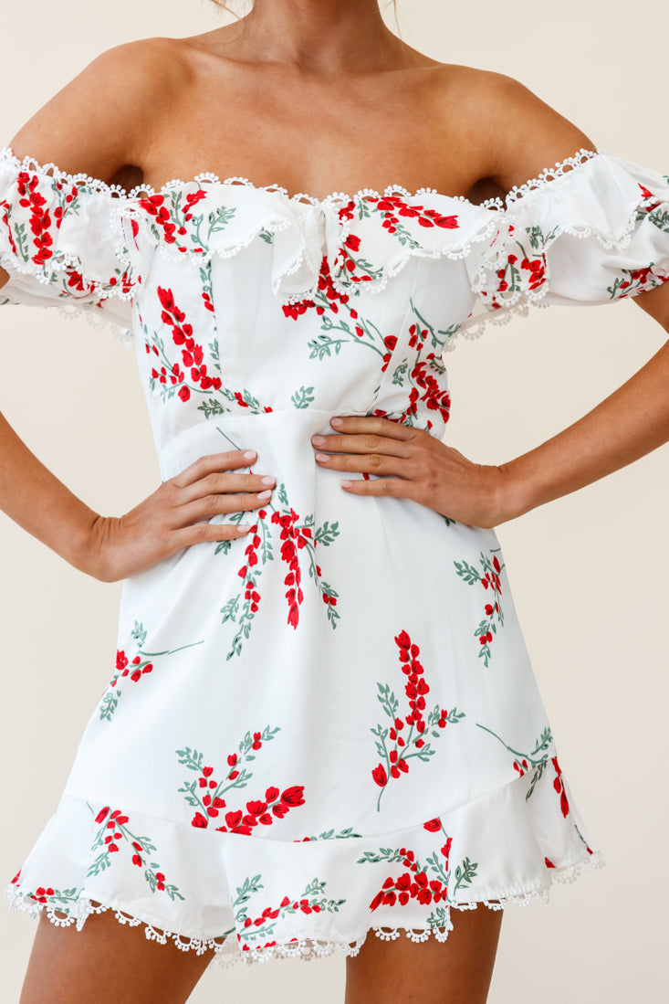Bobby Bardot Neckline Puff Sleeve Dress Flower Spring Print White by Selfie Leslie