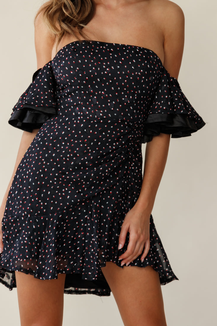Lure Off-Shoulder Ruched Dress Speckle Print Black by Selfie Leslie