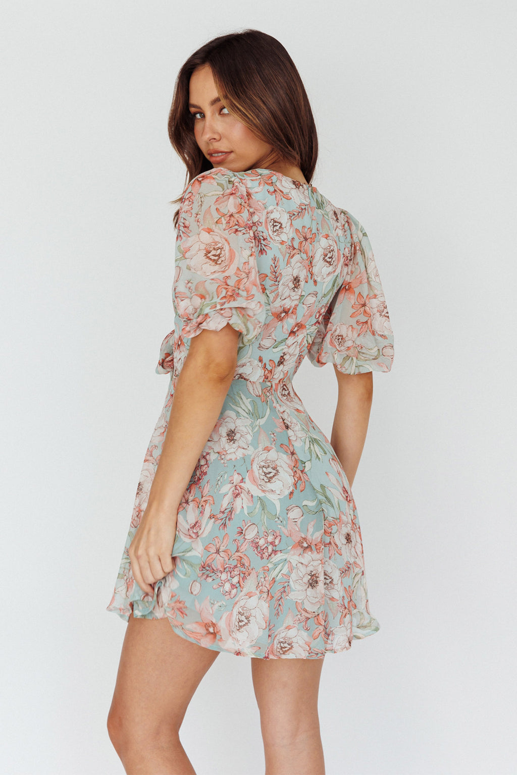 Madison Bow Tie Bust Puff Sleeve Dress Floral Mint by Selfie Leslie Australia