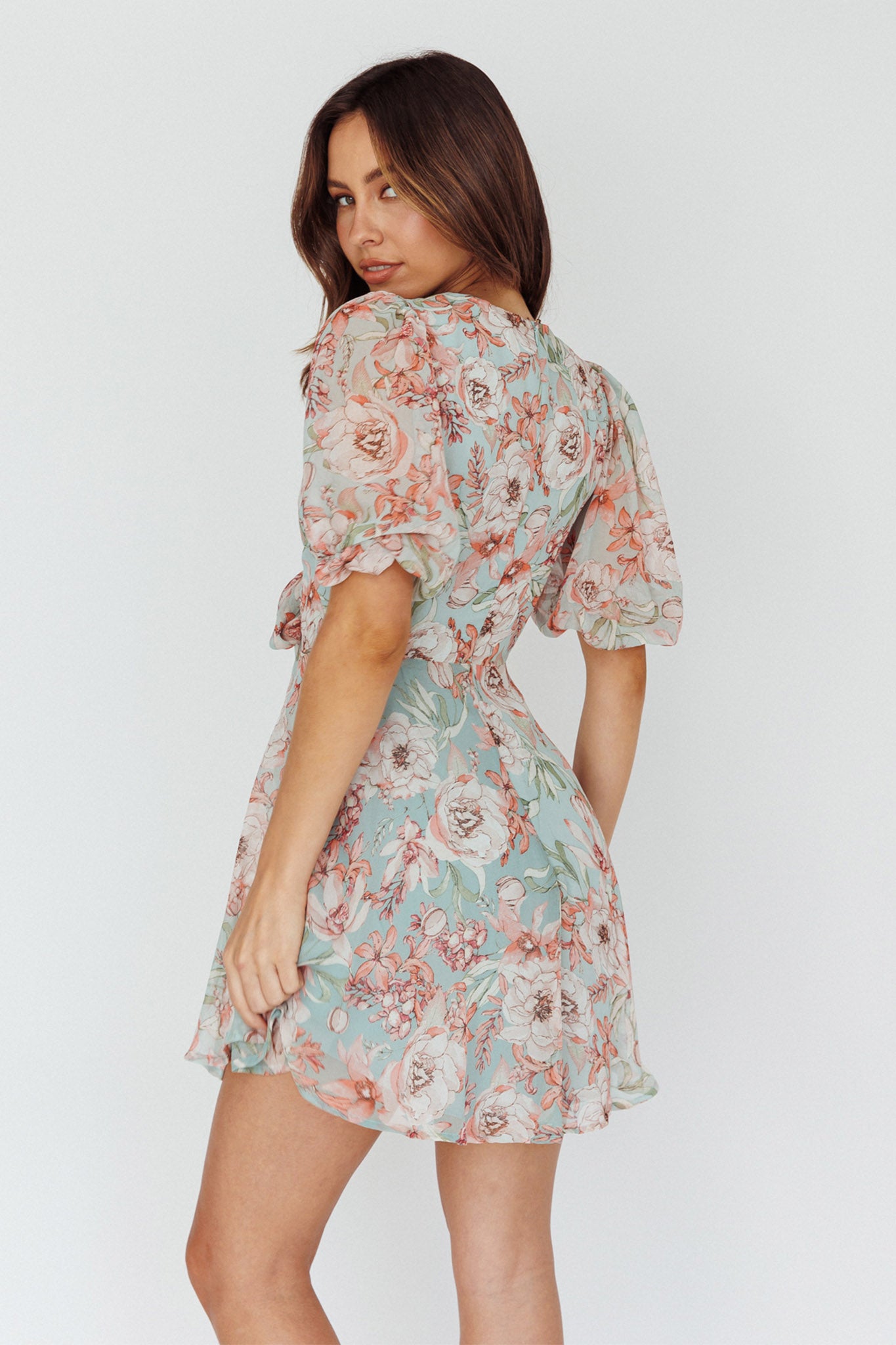 Madison Bow Tie Bust Puff Sleeve Dress Floral Mint by Selfie Leslie Australia