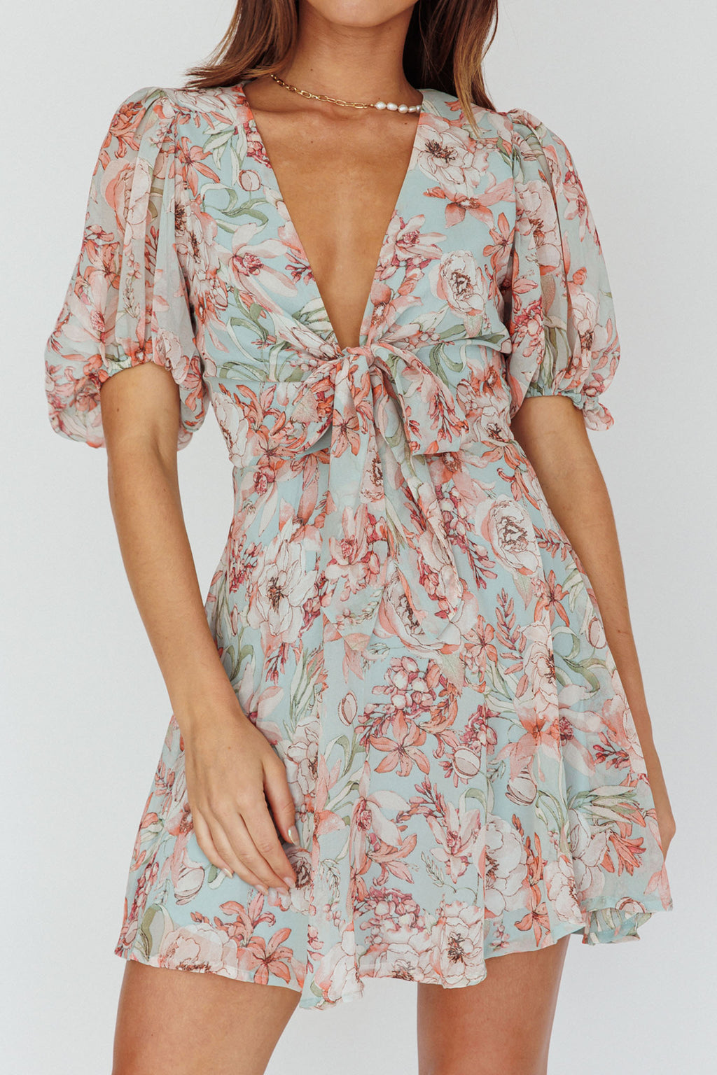 Madison Bow Tie Bust Puff Sleeve Dress Floral Mint by Selfie Leslie Australia