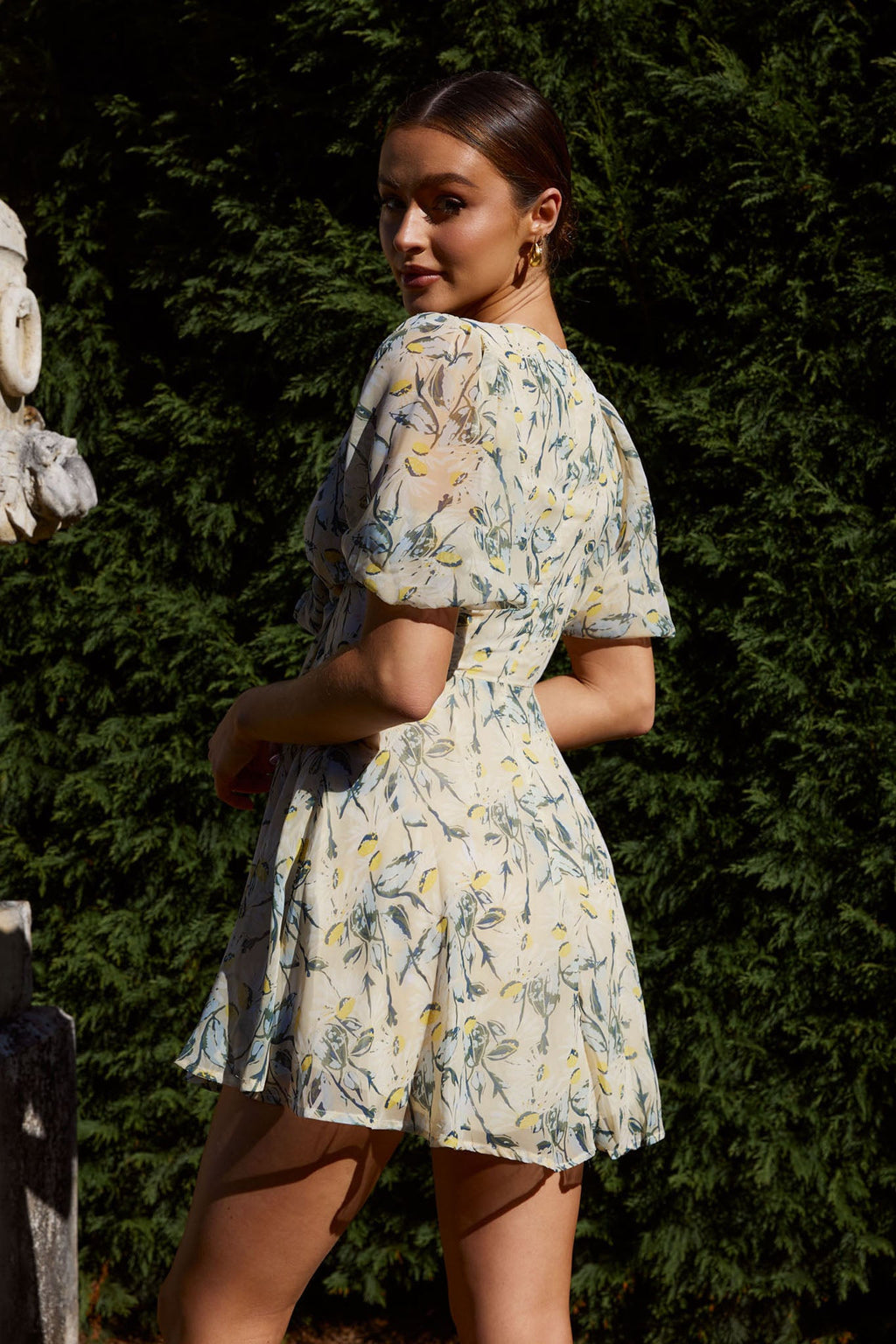 Madison Bow Tie Bust Puff Sleeve Dress Floral Green by Selfie Leslie
