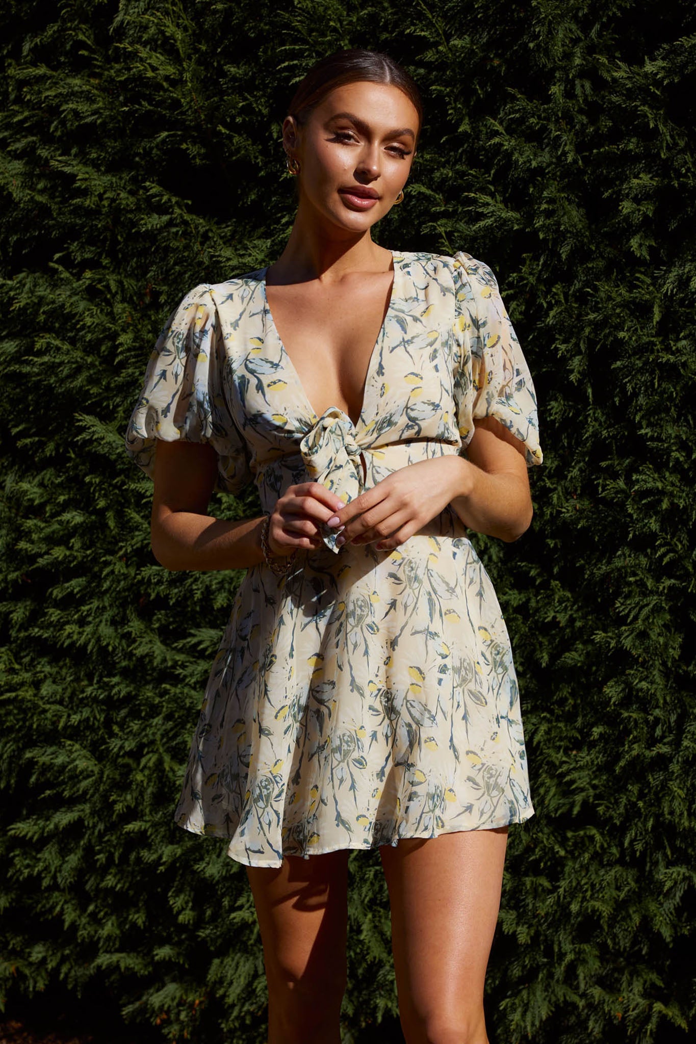 Madison Bow Tie Bust Puff Sleeve Dress Floral Green by Selfie Leslie