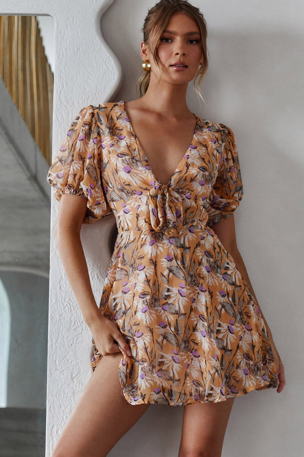 Madison Bow Tie Bust Puff Sleeve Dress Floral Orange by Selfie Leslie