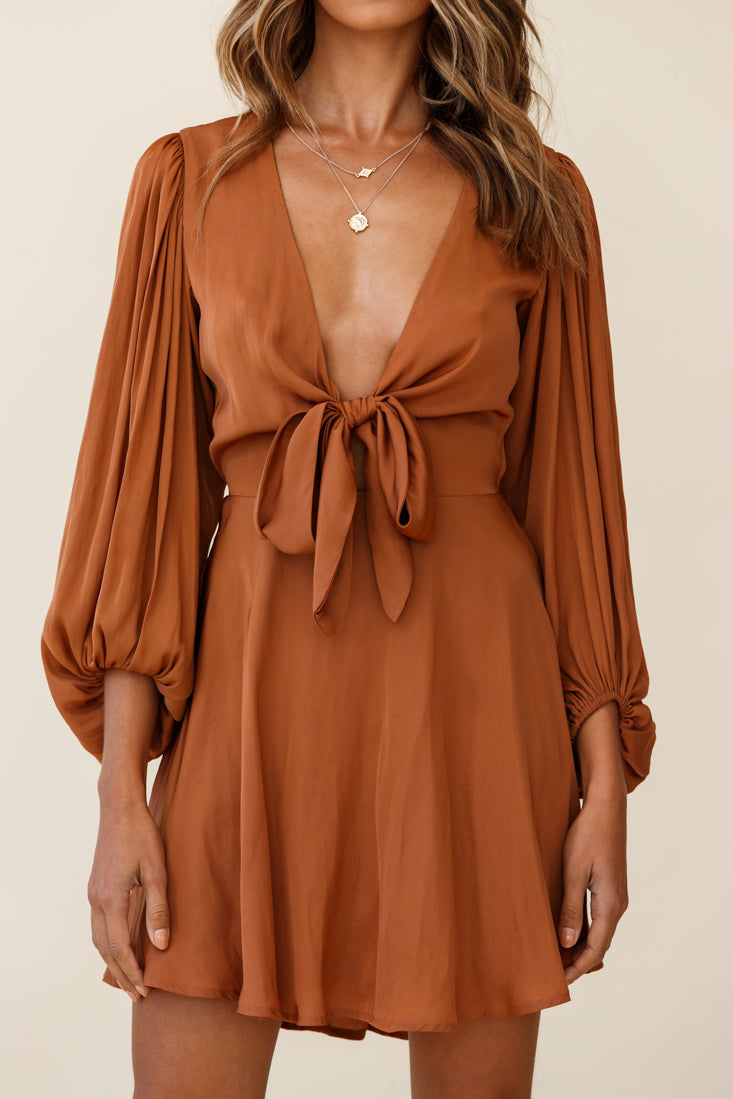 Madison Bow Tie Bust Balloon Sleeve Dress Tan by Selfie Leslie