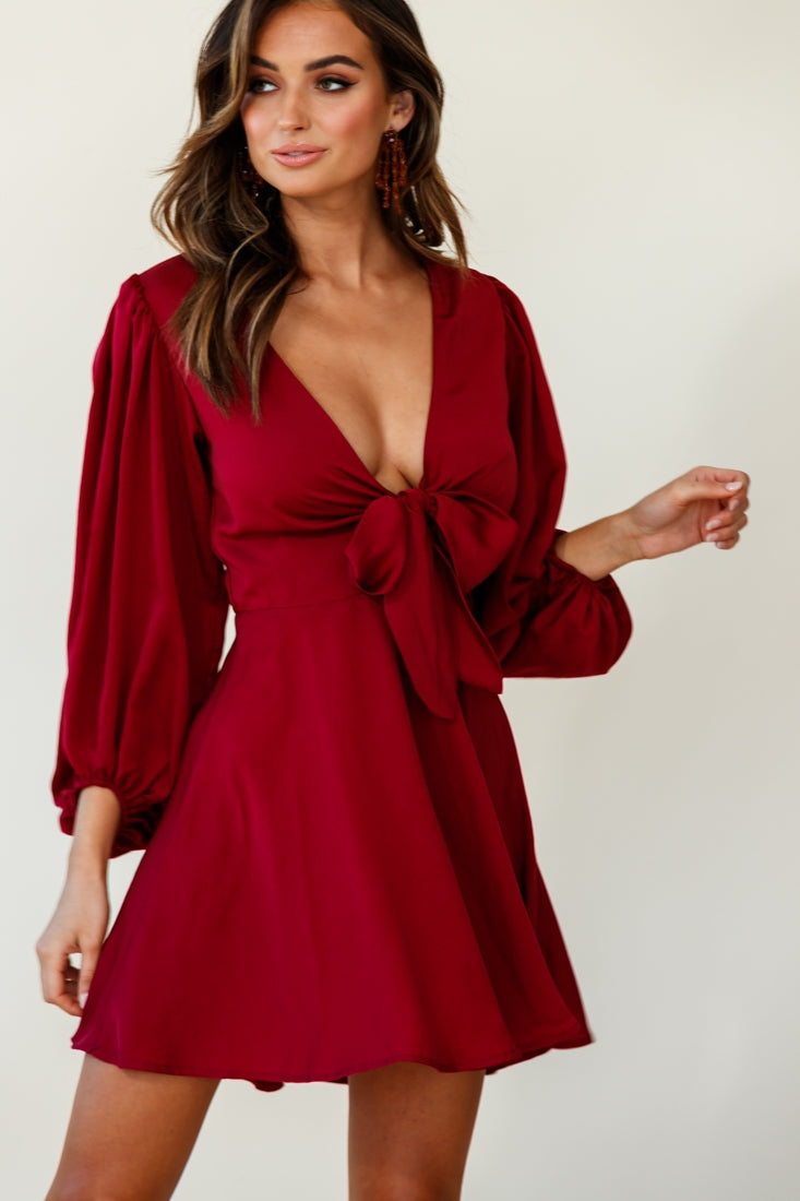 Madison Bow Tie Bust Balloon Sleeve Dress Wine by Selfie Leslie