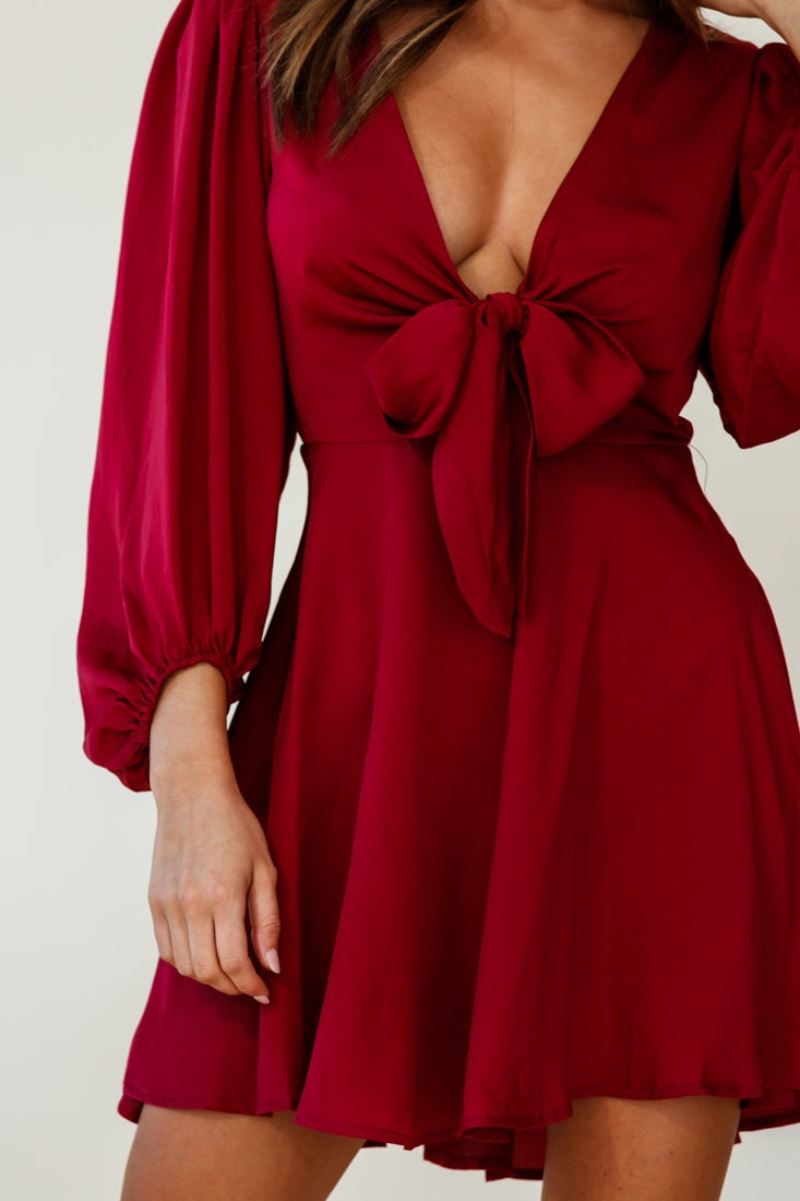 Madison Bow Tie Bust Balloon Sleeve Dress Wine by Selfie Leslie