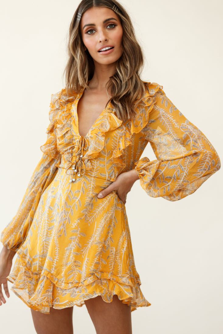 Odette Long Sleeve String Tie Neckline Vine Print Dress Mustard by Selfie Leslie