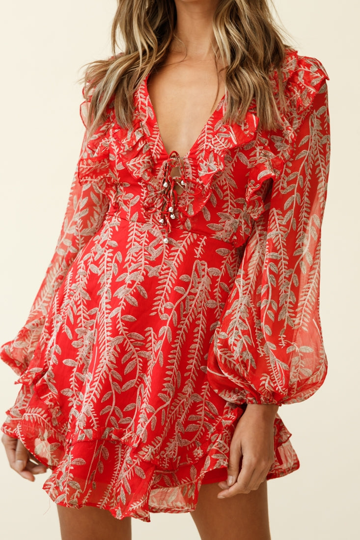 Odette Long Sleeve String Tie Neckline Vine Print Dress Red by Selfie Leslie