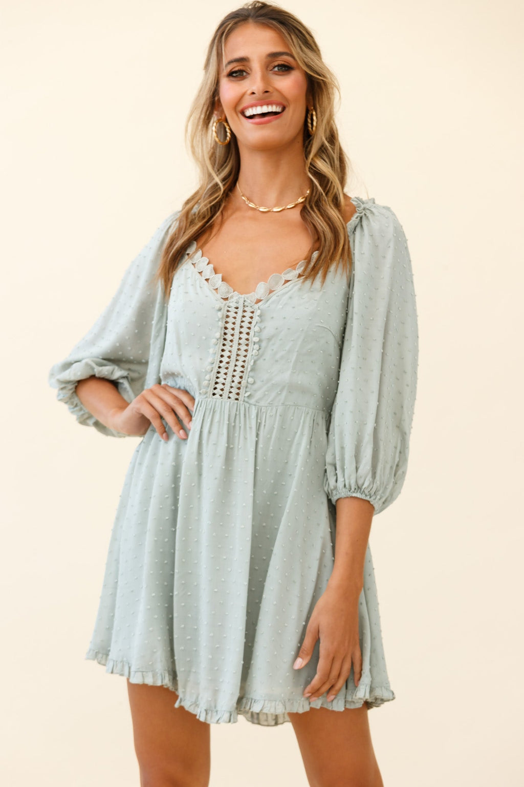 Dream Lover Puff Sleeve Crochet Insert Dress Olive by Selfie Leslie