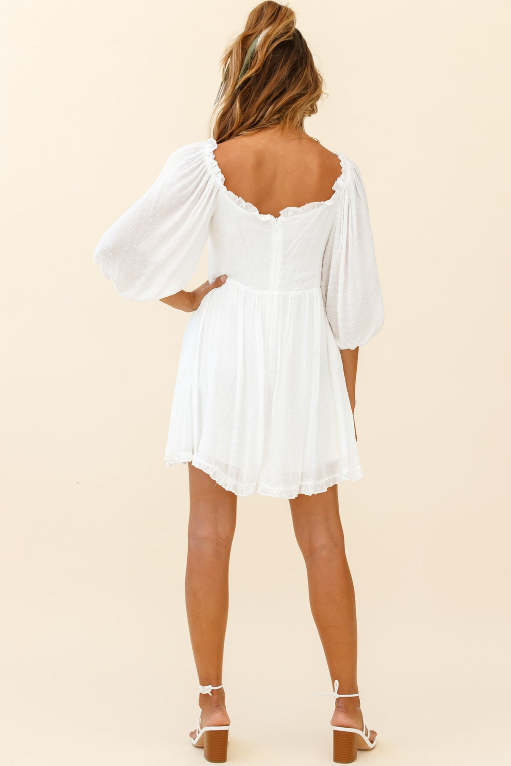 Dream Lover Puff Sleeve Crochet Insert Dress White by Selfie Leslie