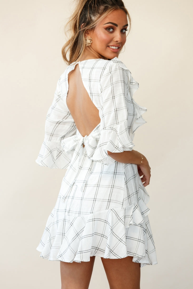 Ondina Ruffle Trimmed Keyhole Back Dress Check Print White by Selfie Leslie