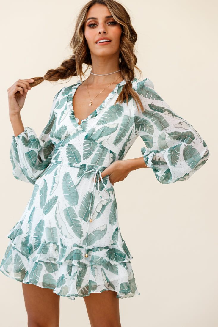 Tozzi Long Balloon Sleeve V-Neckline Dress Feather Print White by Selfie Leslie