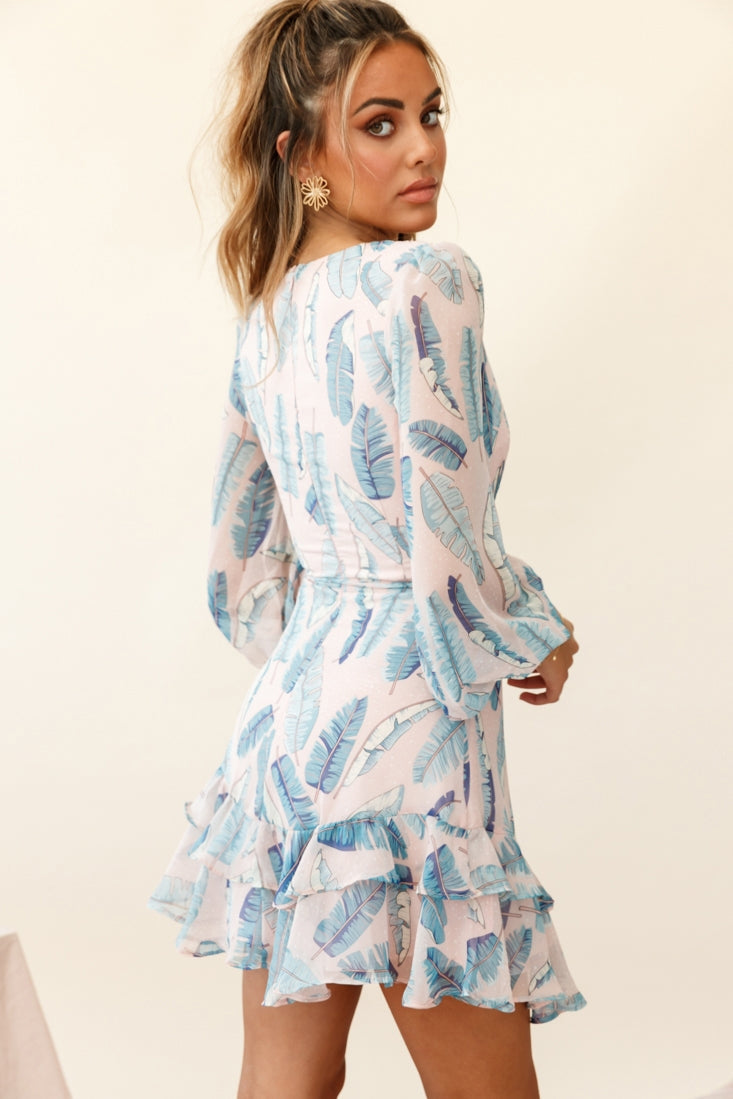 Tozzi Long Balloon Sleeve V-Neckline Dress Feather Print Blush by Selfie Leslie