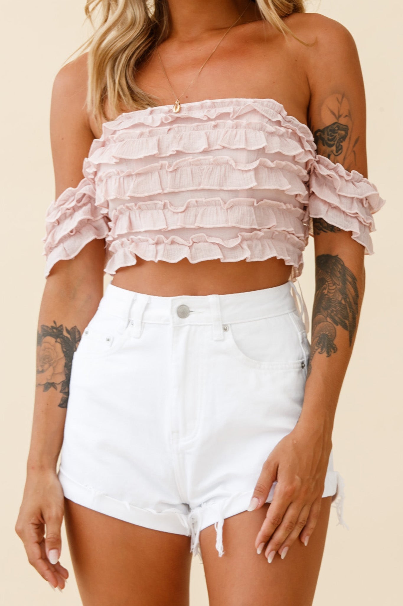 Tigerlily Tiered Frill Off-Shoulder Top Blush by Selfie Leslie