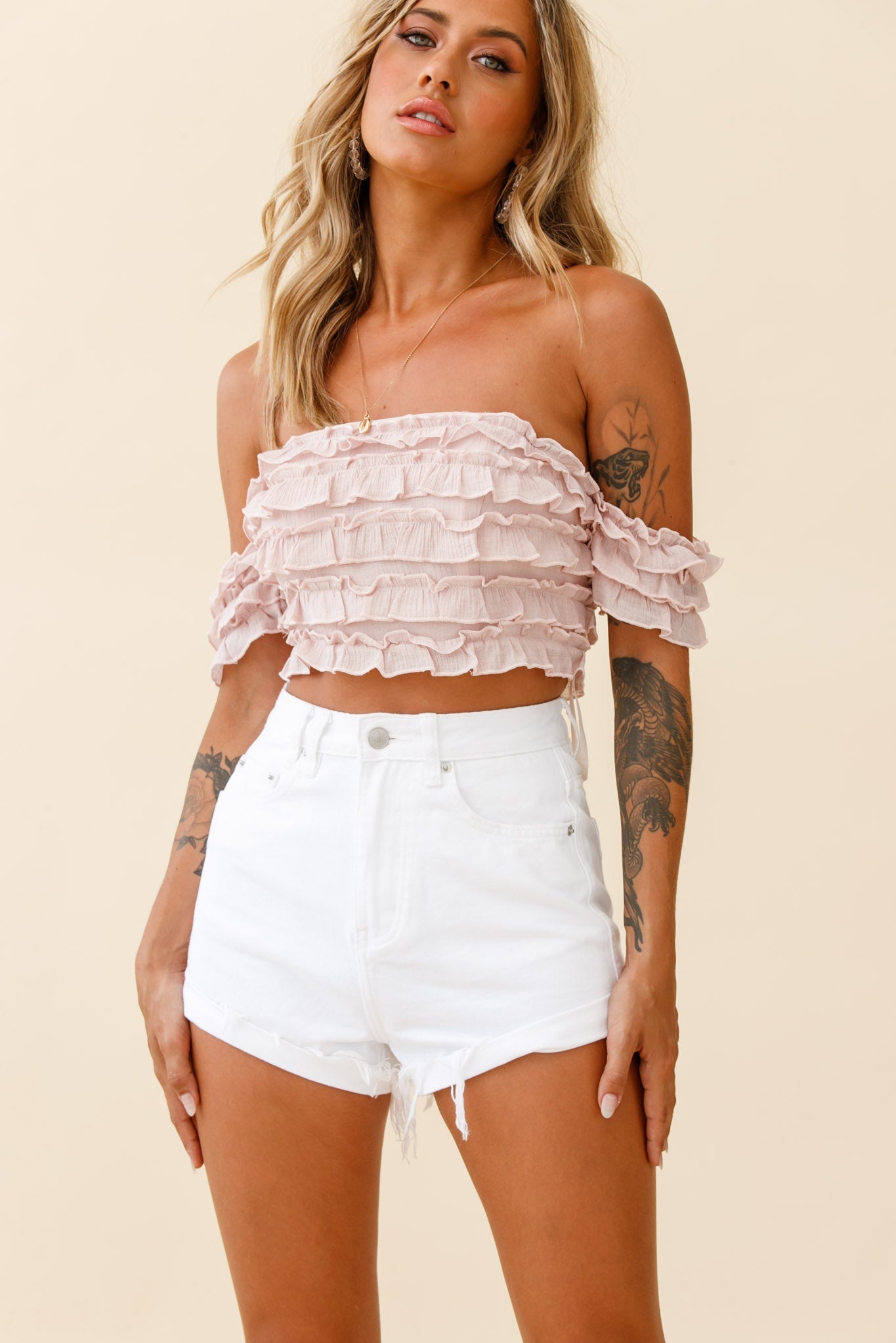 Tigerlily Tiered Frill Off-Shoulder Top Blush by Selfie Leslie