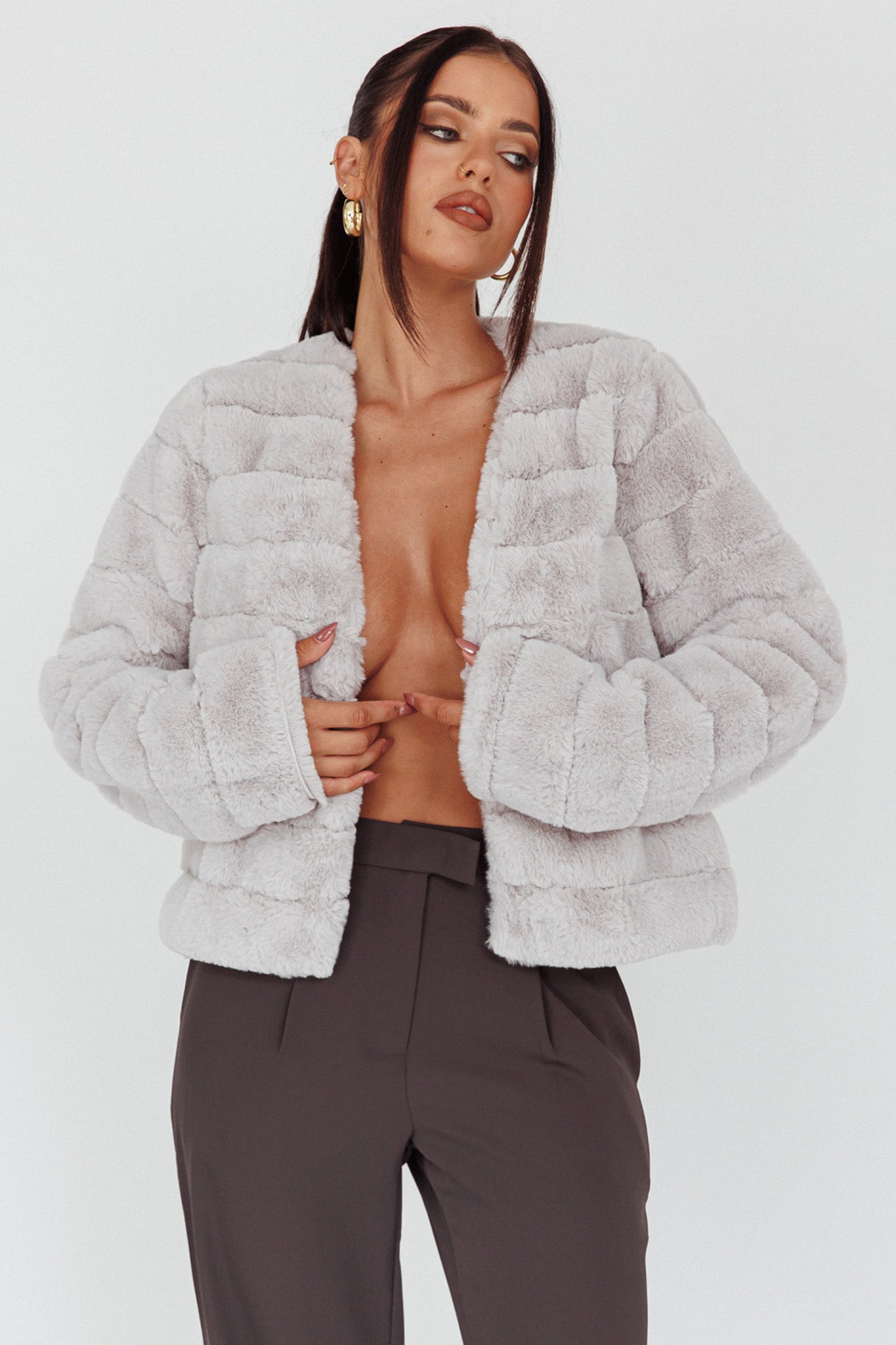 Montana Faux Fur Jacket Light Grey by Selfie Leslie Australia