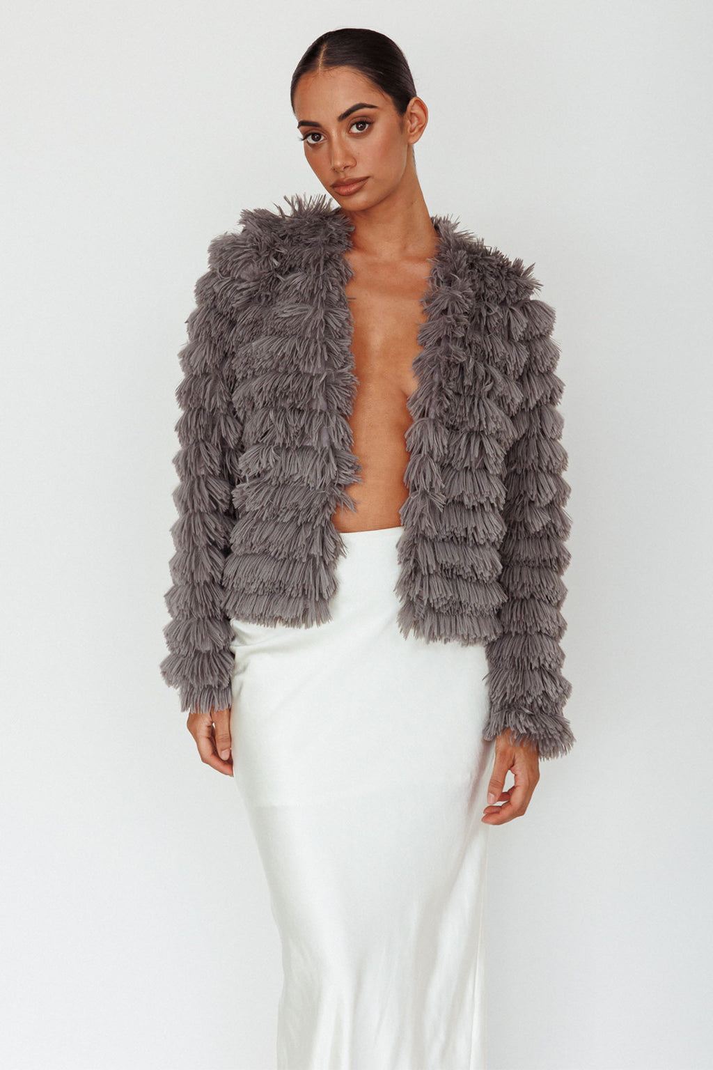 Montana Shaggy Faux Fur Coat Grey by Selfie Leslie Australia